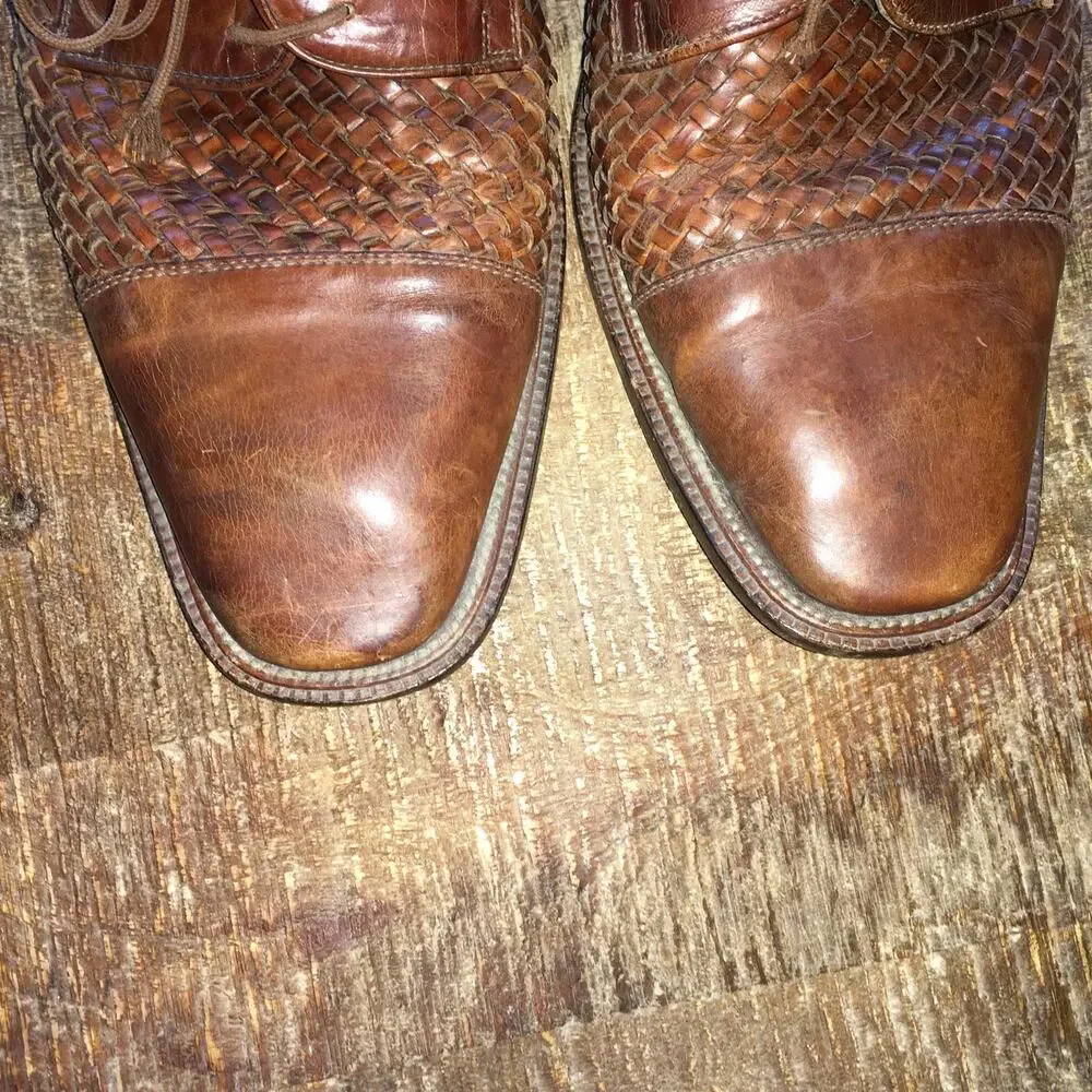 Folio New York Mens 10.5 Woven Italian Leather Oxford Brown Business CapToe Shoe